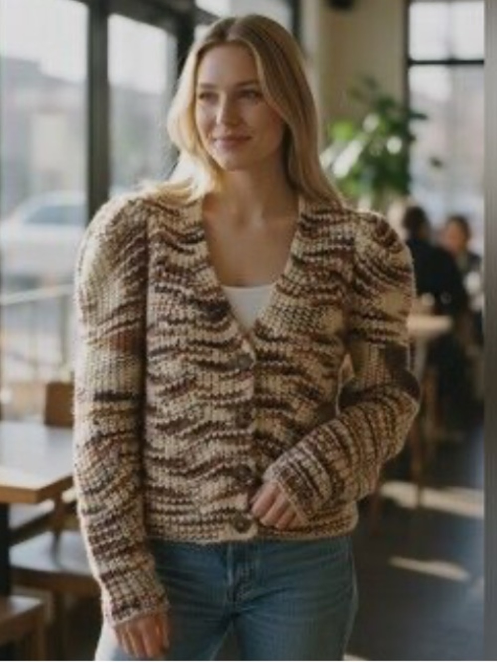 Ulla Johnson Brown and Cream Textured Puff-Sleeve Cardigan